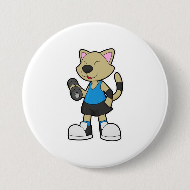 Cat at Fitness with Dumbbell 3 Inch Round Button (Front)