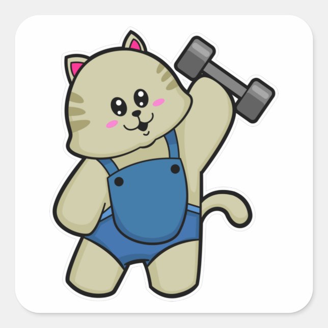 Cat at Fitness with Dumbbell Square Sticker (Front)