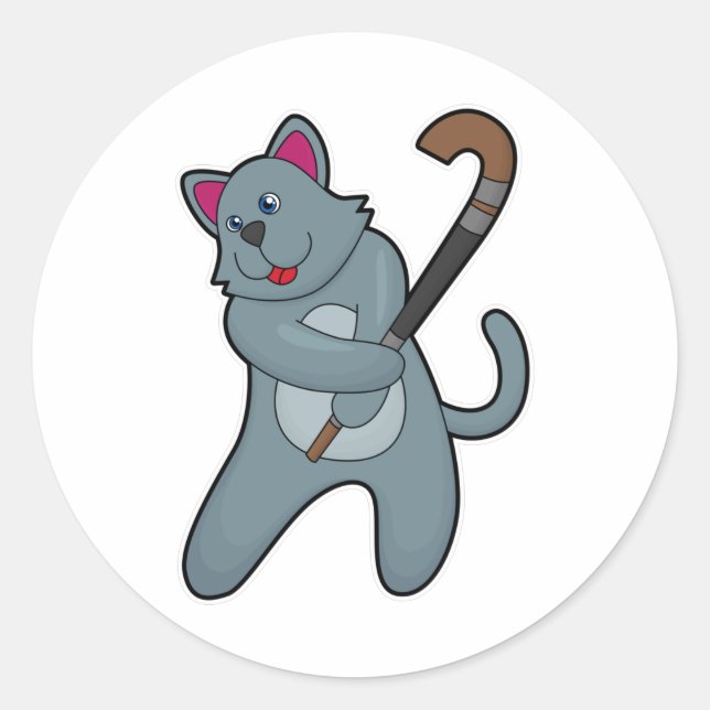 Cat at Hockey with Hockey stick Classic Round Sticker (Front)