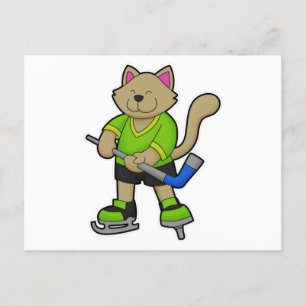Cat at Hockey with Hockey stick Postcard