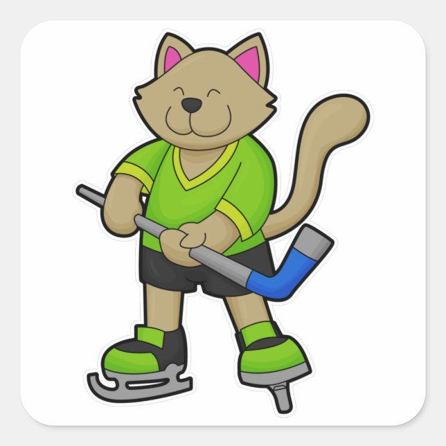 Cat at Hockey with Hockey stick Square Sticker (Front)