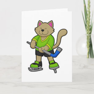 Cat at Ice hockey with Ice hockey stick Card