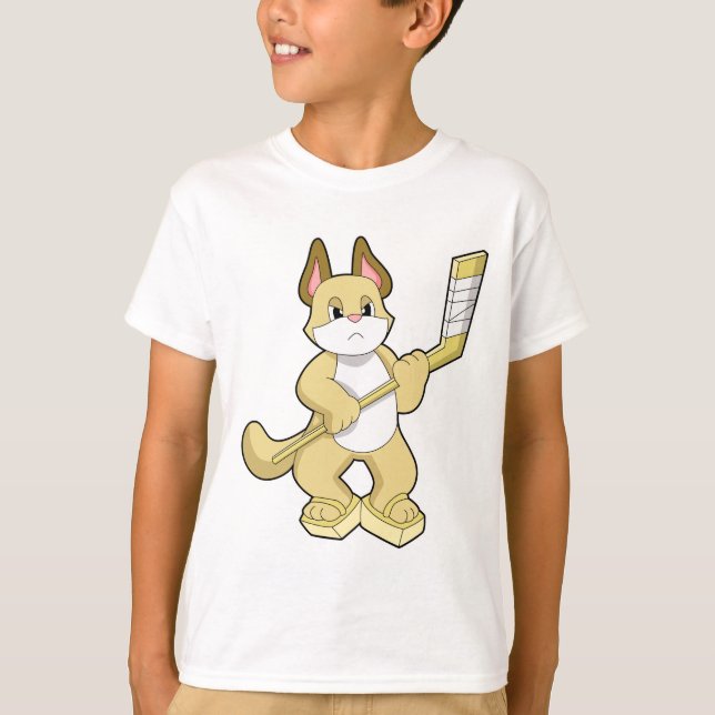 Cat at Ice hockey with Ice hockey stick T-Shirt (Front)