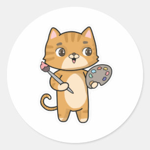 Cat at Painting with Colour & Brush Classic Round Sticker