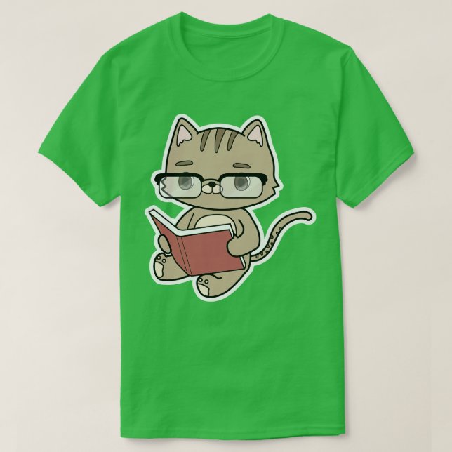 Cat at Reading with Book T-Shirt (Design Front)