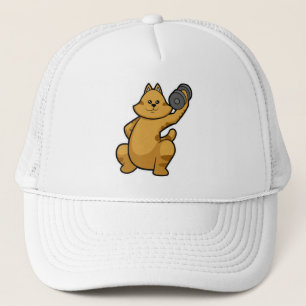 Cat at shoulder training with Dumbbell Trucker Hat