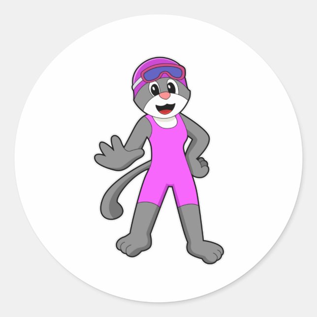 Cat at Swimming with Swimsuit Classic Round Sticker (Front)