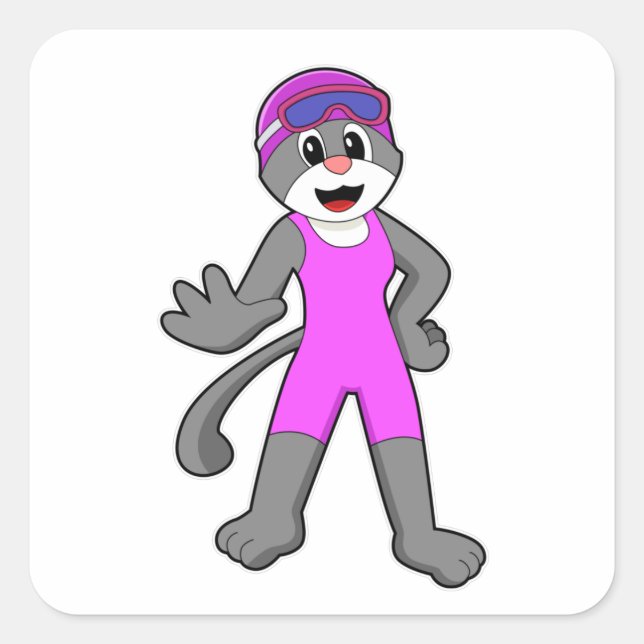 Cat at Swimming with Swimsuit Square Sticker (Front)