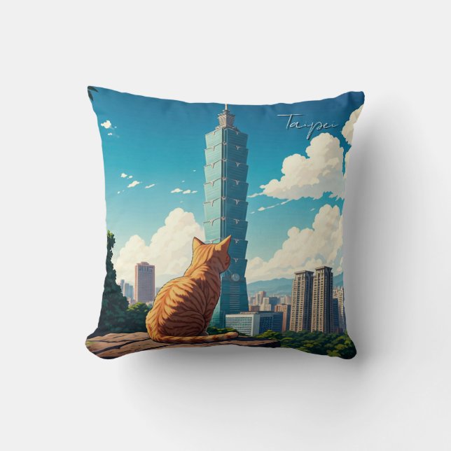 Cat at Taipei 101 Taiwan Throw Pillow (Front)