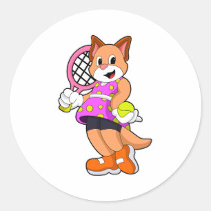 Cat at Tennis with Tennis racket Classic Round Sticker