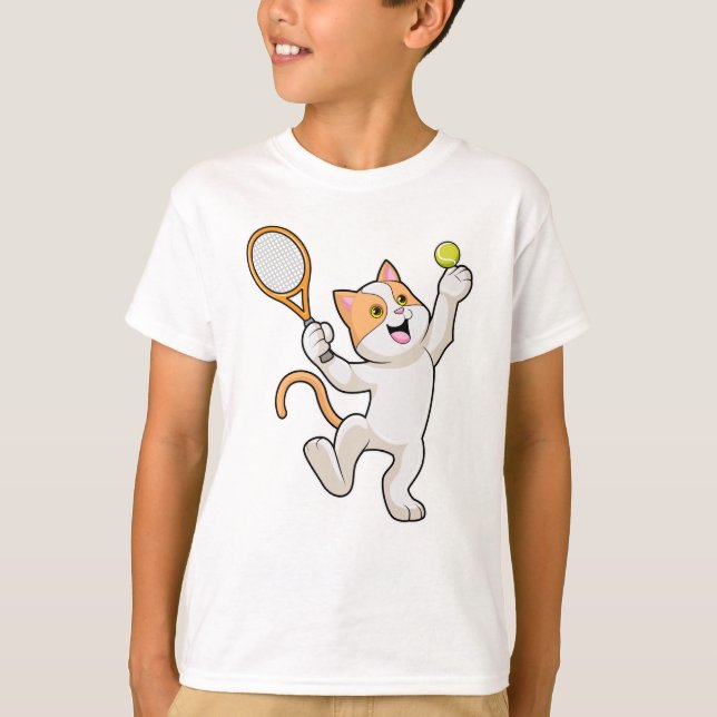Cat at Tennis with Tennis racket T-Shirt (Front)