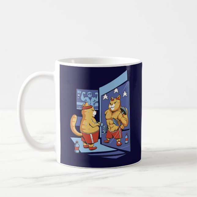CAT AT THE GYM LIFTING WEIGHT COFFEE MUG (Left)
