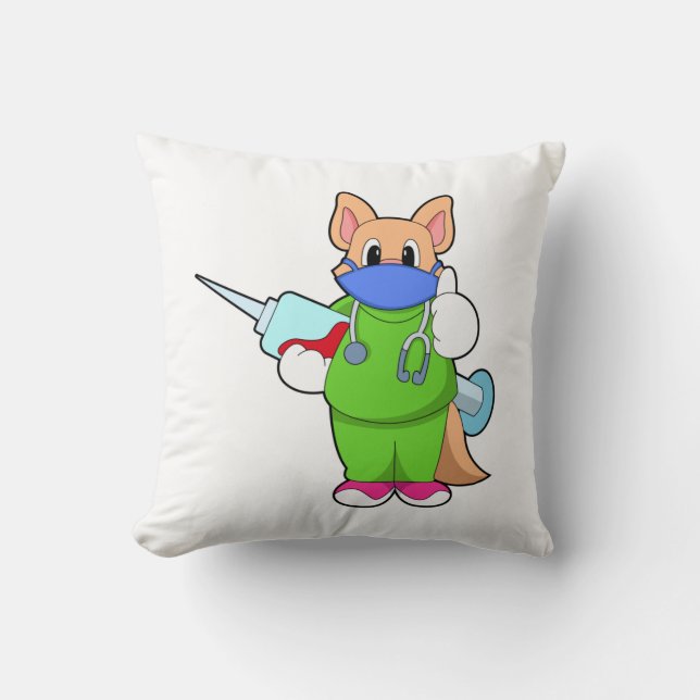 Cat at Vaccination with Syringe Throw Pillow (Front)