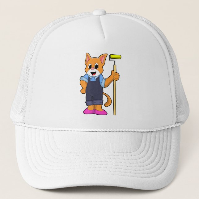 Cat at Wallpapering with Pressure roller Trucker Hat (Front)