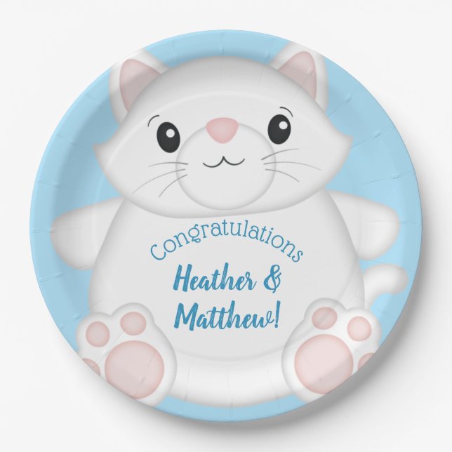 Cat Baby Shower Kitty Blue Paper Plate (Front)