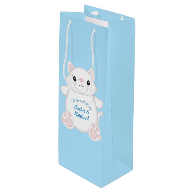 Cat Baby Shower Kitty Blue Wine Gift Bag (Front Angled)