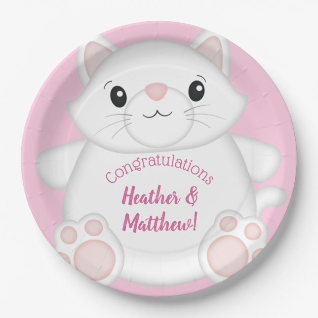 Cat Baby Shower Kitty Pink Paper Plate (Front)