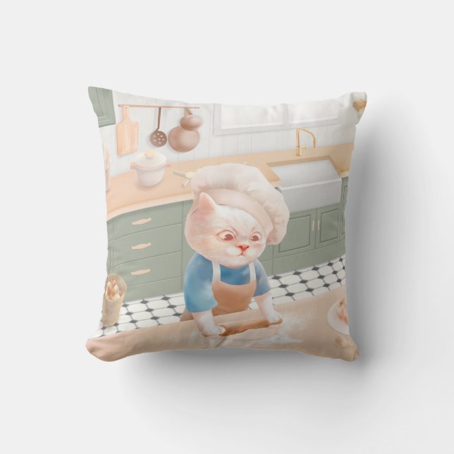 Cat Baker Baby – Cozy Morning Kneading Throw Pillow (Front)