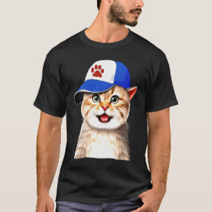 Cat Baseball Cap Wearing Cat Sports Pets Game Base T-Shirt