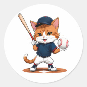 Cat baseball player classic round sticker