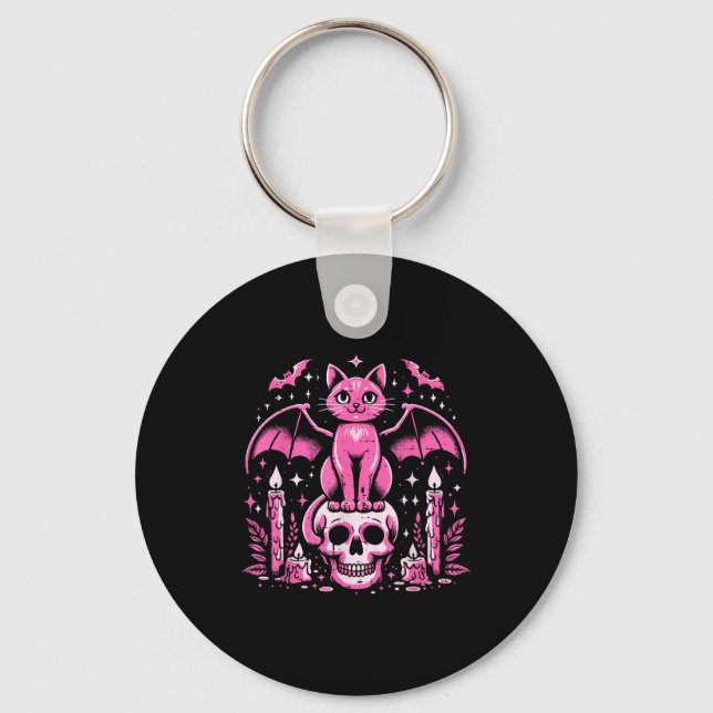 Cat Bat On Skull Halloween Costume Goth Women Girl Keychain (Front)