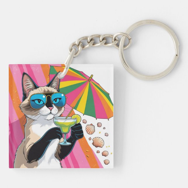 Cat Beach themed for Siamese Cat lovers  Keychain (Back)
