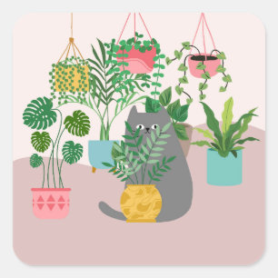 Cat Between Plants Funny Square Sticker