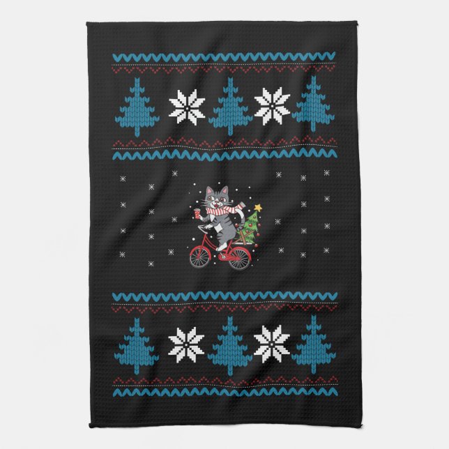 Cat Bicycle Ugly Christmas Kitchen Towel (Vertical)