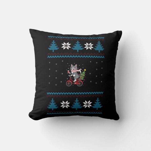 Cat Bicycle Ugly Christmas Throw Pillow (Front)