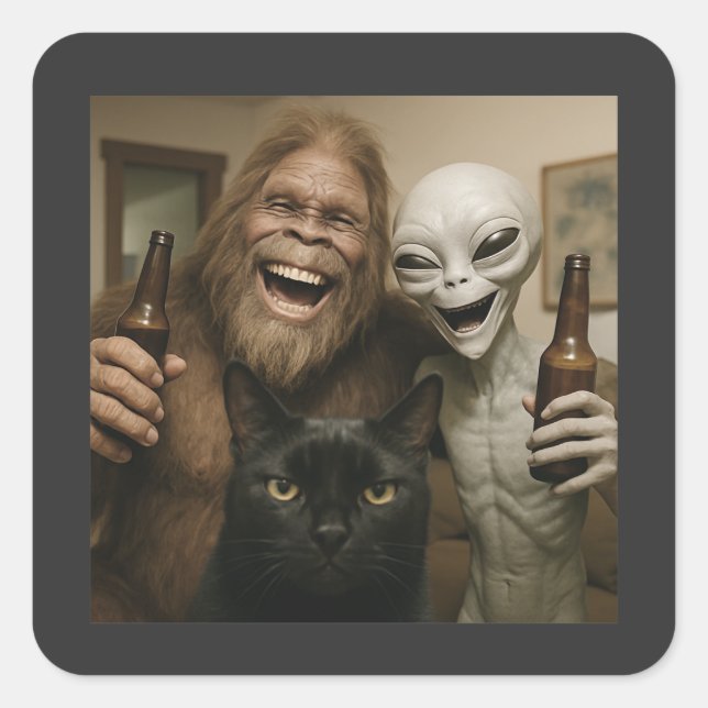 Cat Bigfoot Alien Selfie BFF Funny Photo With UFO Square Sticker (Front)