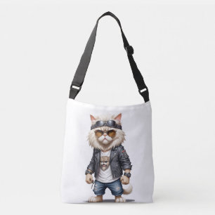 Cat Biker Rebel in Leather Jacket Cool Style Urban Crossbody Bag