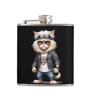 Cat Biker Rebel in Leather Jacket Cool Style Urban Hip Flask