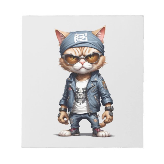 Cat Biker Rebel in Leather Jacket Cool Style Urban Notepad (Front)