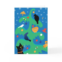 Cat Bird Christmas Tree Holiday Card