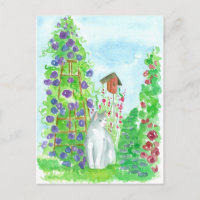 Cat Bird House Hollyhocks Summer Garden Flowers