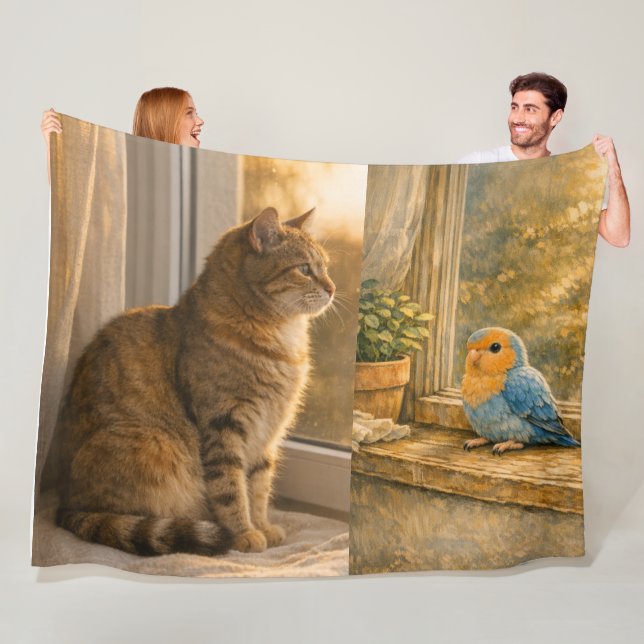 Cat & Bird Window Companions Cozy Fleece Blanket (In Situ)