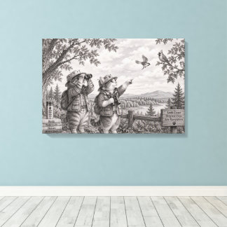 Cat Birdwatchers Pencil Sketch Canvas Wall Art