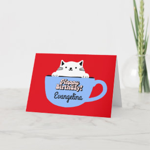 Cat Birthday Card, Kitten in Cup Personalized Card