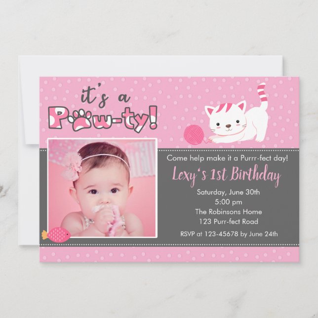 Cat Birthday Invitations with Photo (Girls) Pink (Front)