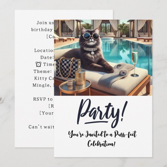 Cat Birthday Party Invitation card  (Front/Back)