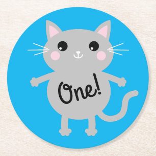 Cat Birthday Party Round Paper Coaster