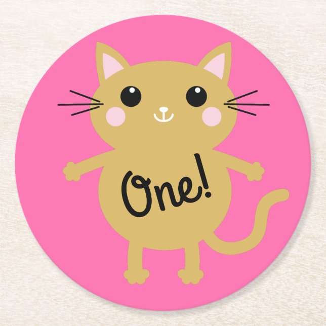 Cat Birthday Party Round Paper Coaster (Front)