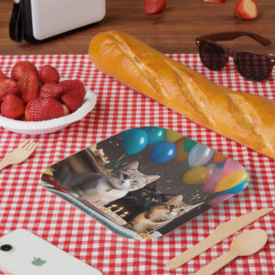 Cat Birthday Party With Cake And Balloons, Paper Plate
