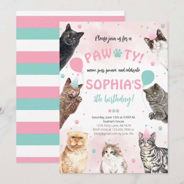 Cat Birthday Pawty Invitation (Front/Back)