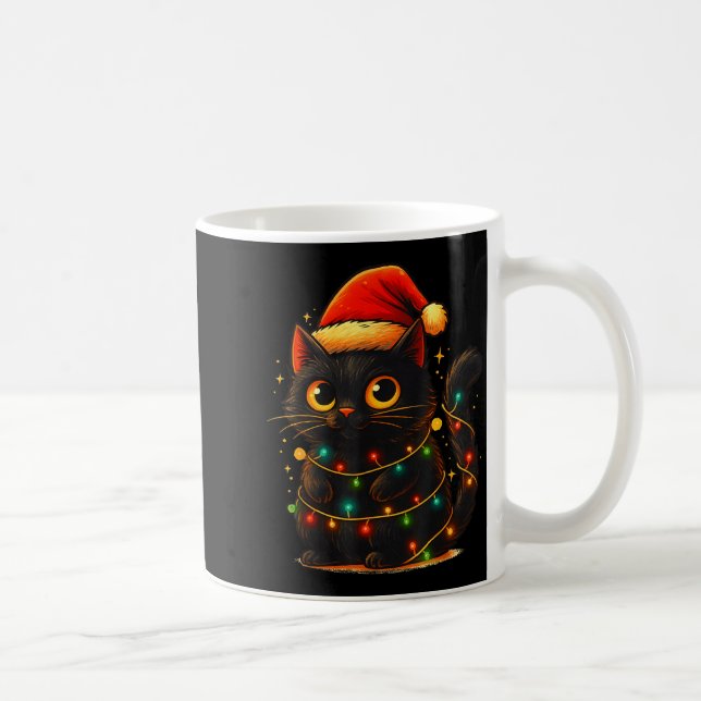 Cat Black Christmas Tree Lights Funny Santa Kitten Coffee Mug (Right)
