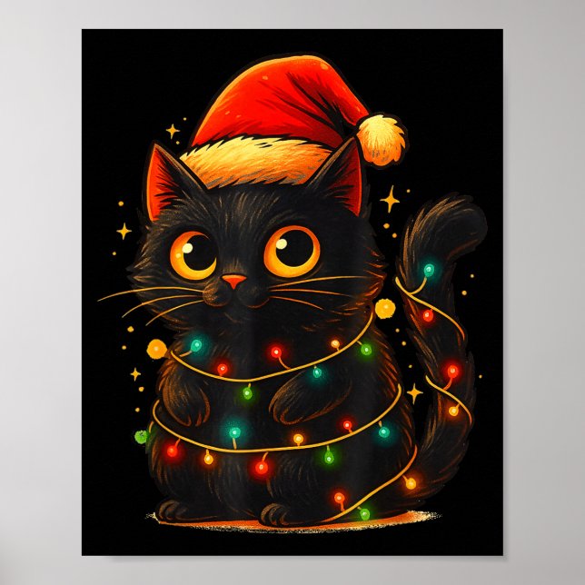 Cat Black Christmas Tree Lights Funny Santa Kitten Poster (Front)