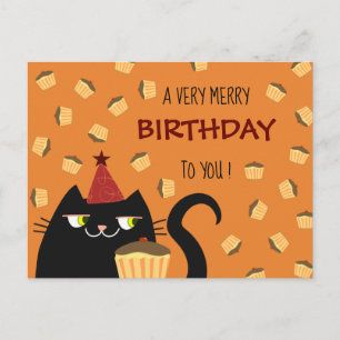 Cat Black Cute Birthday Cake Vibrant Colours Moder Holiday Postcard