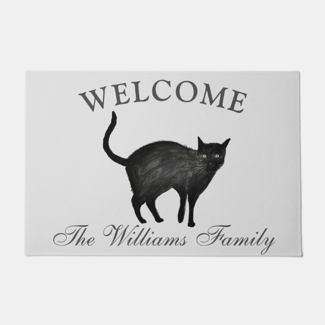 Cat Black Pets Animal Watercolor Kitten Doormat (Front)