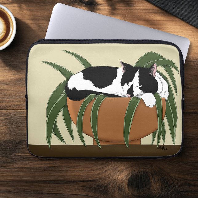 Cat Black White Plant Funny Laptop Sleeve (Creator Uploaded)