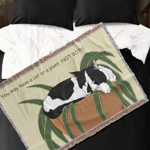 Cat Black White Plant Funny Throw Blanket